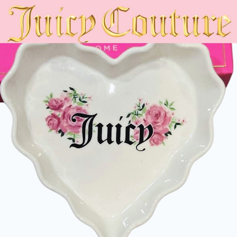 Juicy Couture Home Signature Logo Floral Heart Shaped Ceramic Trinket Tray